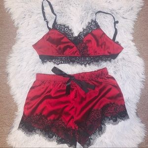 Red Wine Satin Lace Trim Lingerie Pj Set